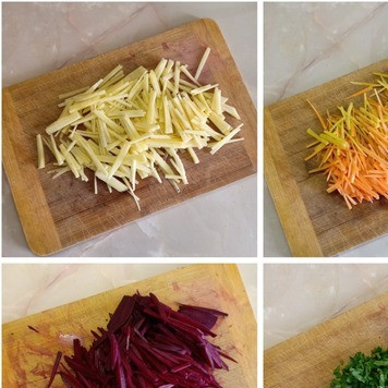 1. Этап. Салат Яркий: Кабачок, свеклу и морковь натереть на терке для моркови по-корейски или нарезать тонкой соломкой. Петрушку мелко покрошить.