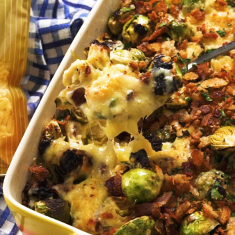 Cheesy Bacon Brussels Sprout Gratin