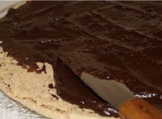 1. Этап. Торт Шифон: 12. Черную смородину протереть через сито и немного нагреть (можно использовать варенье). Добавить мед и 100 грамм растопленного шоколада. Все тщательно перемешать и смазать остывший корж.