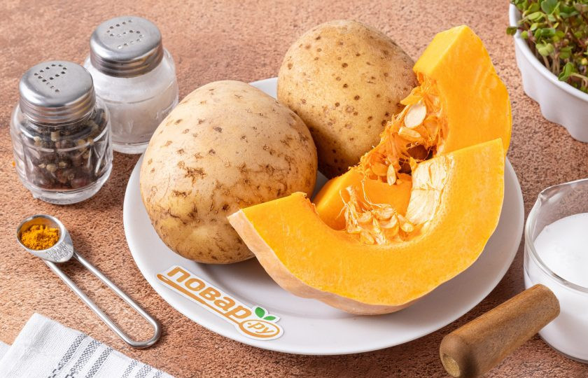 1. Этап. Пюре из тыквы и картофеля на кокосовых сливках: Подготовьте все ингредиенты.