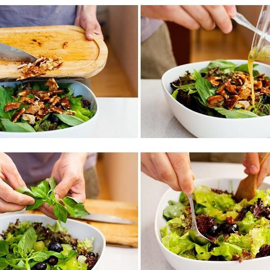 1. Этап. Салат из сулугуни и винограда: Добавляем обжаренный сыр в сервировочное блюдо, заливаем нашей заправкой, добавляем свежую зелень и перемешиваем.