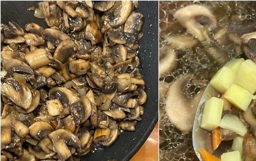 1. Этап. Суп. Из шампиньонов. Экспресс: Грибы. Луковку на смеси масла коровьего и растительного довел до предпрозрачности, потом грибы туда выложил. И притомил – притушил. До почти готовности. Ну и, конечно, в кастрюлю их.