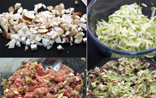 1. Этап. Гамбургер с белыми грибами: 3. Кубиками нарезаем оставшиеся грибы, на крупную терку трем кабачки и все вместе обжариваем на небольшом огне минут 3-5. Остуживаем смесь и смешиваем с фаршем.