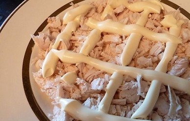 1. Этап. Салат Черепаха с виноградом: Приступаем к сборке салата. Формировать мы его будем полусферой, имитируя форму панциря черепахи. Первым слоем выкладываем куриное мясо и покрываем его майонезом.