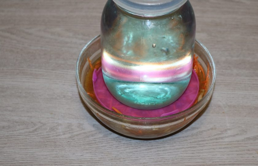 1. Этап. Хе из сельди по-корейски: Поставьте гнёт и отправьте на 24 часа в холодильник.