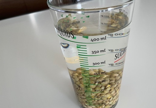 1. Этап. Рагу из баклажанов с зеленой чечевицей: В первую очередь заливаем чечевицу холодной водой, пока будем подготавливать остальные продукты, она настоится.