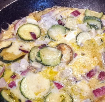 1. Этап. Блюдо левантийской кухни мфаракех: В отдельной ёмкости взбить яйца с перцем чили, 3/4 кинзы и 1/2 чайной ложкой соли. Залить яичной смесью цуккини и тушить под крышкой минут 5 до готовности.