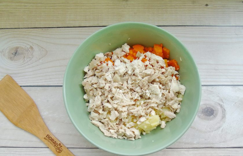 1. Этап. Салат Оливье с курицей, сладким перцем и оливками: Отварную курицу мелко нарежьте и добавьте в салат.