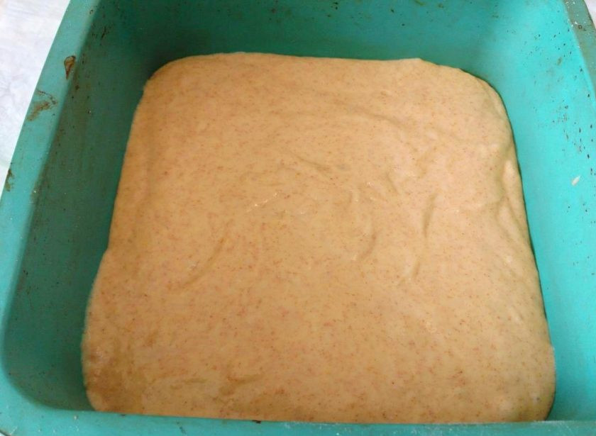 1. Этап. Кокосовый пирог со сливочной пропиткой: Выложите готовое тесто сметанной консистенции в подготовленную форму.