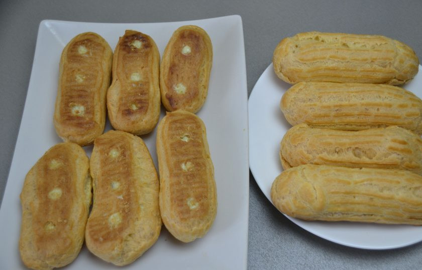 1. Этап. Фисташковые эклеры: Переложите фисташковый крем в кондитерский мешок, и заполните кремом эклеры.