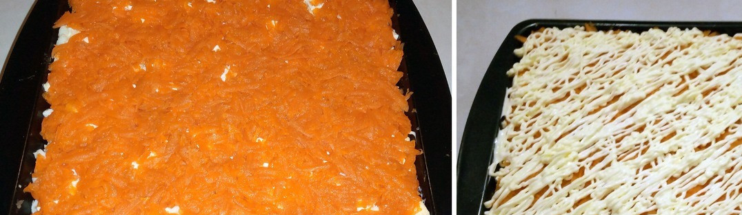 1. Этап. Салат Грибоза: Морковь отварить в мундире, очистить, натереть на крупной тёрке. Выложить слоем. Можно не покрывать майонезом, а украсить салат на свой вкус и цвет. Если сверху майонез, и ёмкость будет долго храниться в открытом виде, то он будет темнеть и сохнуть. Если сверху морковь, то она сохнуть и темнеть не будет, ибо слишком влажная.