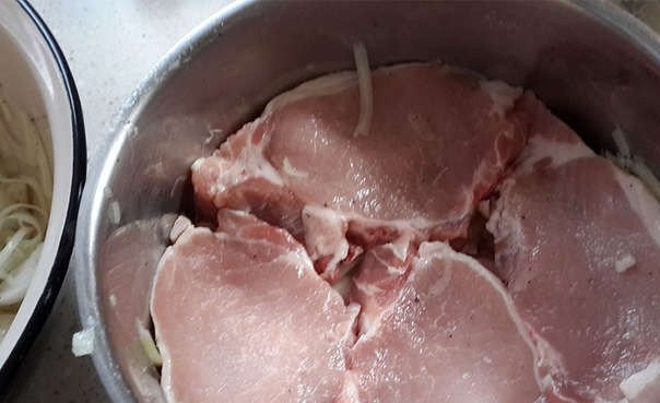 1. Этап. Маринад для свиного шашлыка: Лук очищаем, моем и нарезаем полукольцами. Добавляем в него соль и специи. Мнем руками, чтобы лук пустил сок. Кладем часть лука на дно посуды, а сверху вываливаем порубленное мясо.