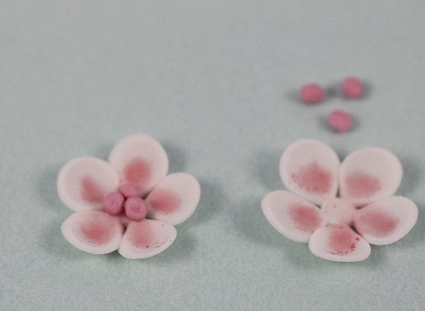 1. Этап. Сахарные цветы: Из розовой мастики скатайте маленькие шарики и, смазав центр цветка водой, приклейте шарики.