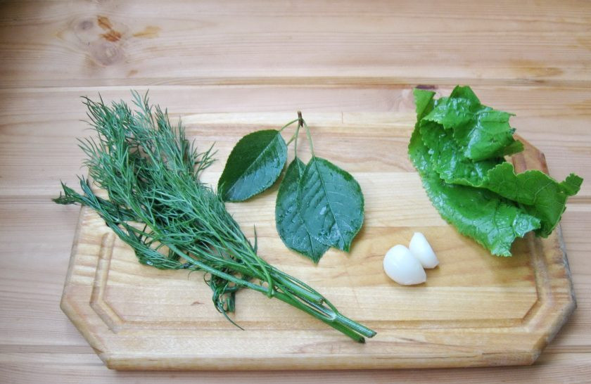 1. Этап. Маринованные помидоры на зиму: Листья хрена и вишни, укроп и чеснок помойте.