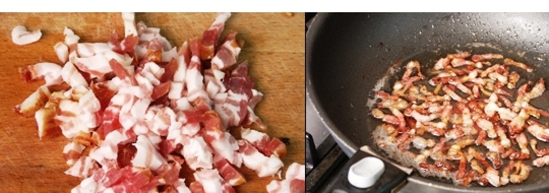 1. Этап. Петух в вине: В сковороде обжариваем мелко нарезанный бекон.