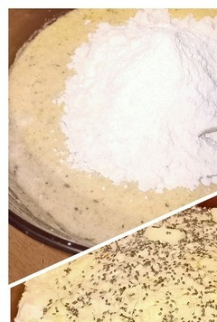 1. Этап. Безглютеновый закусочный кекс: В тесто добавить муку с разрыхлителем, перемешать. И замешать ветчину и сыр - начинки мы сделали много, по ощущениям больше чем самого теста, поэтому добавляем постепенно, перемешивая каждую порцию. Поверхность кекса разровнять, сверху выложить 15 г мелко порезанного масла и по желанию посыпать семенами (чиа, кунжут и прочие).