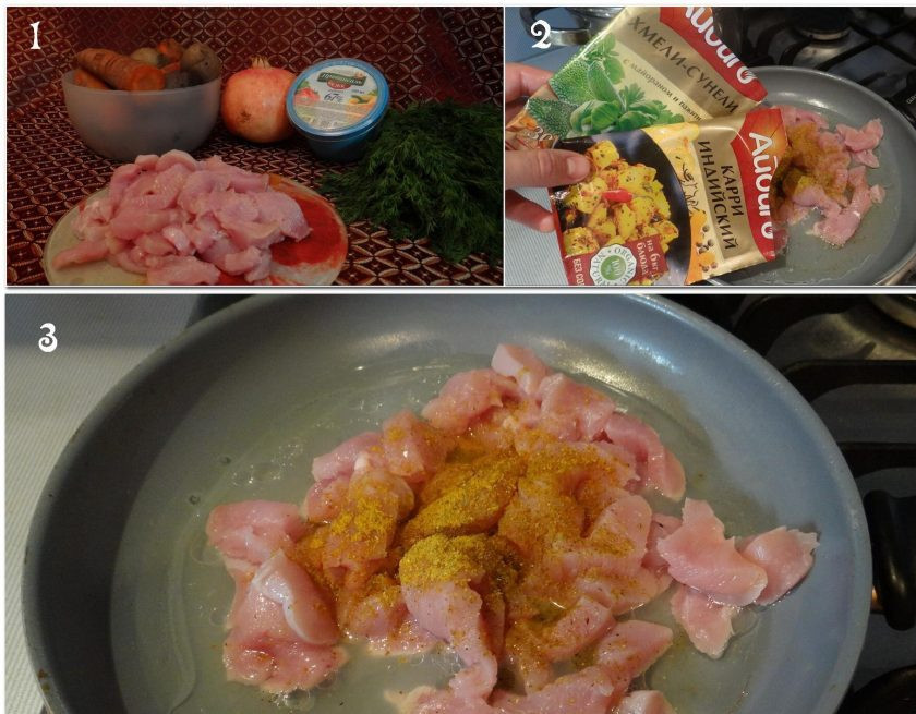 1. Этап. Салат Гранатовый браслет: 2. Филе нарезаем мелким кубиком или соломкой (как больше любите), приправляем и отправляем жариться до готовности. Если используете говядину, то ее нужно только отварить до готовности.