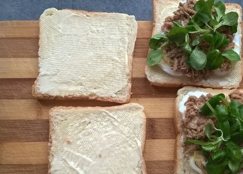 1. Этап. Бутерброды с рыбными консервами: Затем выкладываем рыбку, а поверх нее выложим любую зелень.