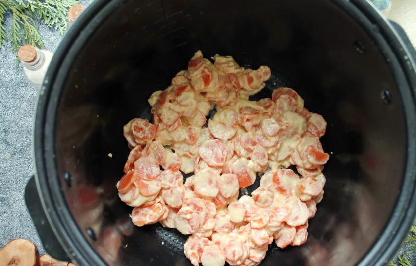 1. Этап. Морковь в сметане в мультиварке: Тушите морковь в сметане еще 10 минут. Готовую морковь разложите по тарелкам, посыпьте нарезанным зеленым луком и подавайте к столу.