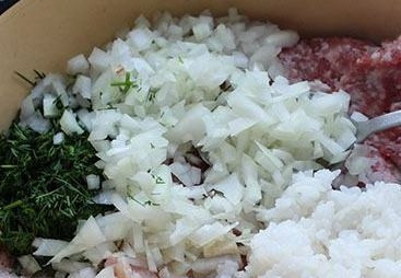 1. Этап. Диетические ленивые голубцы: Если необходимо, то заранее разморозьте фарш. Сварите рис, смешайте его с фаршем. Туда же добавьте мелко нарезанный лук и укроп. Всё перемешайте.