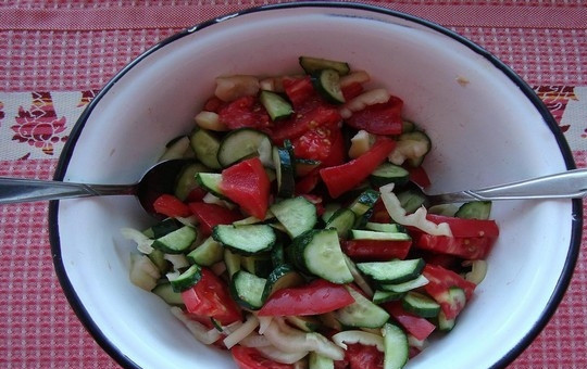 1. Этап. Летний легкий салат: 4. Сложите все подготовленные продукты в салатную миску (пластиковую или эмалированную), добавьте соль по вкусу и аккуратно перемешайте салат снизу-вверх с помощью 2-х столовых ложек.