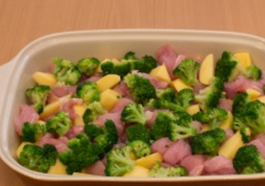 1. Этап. Индейка под соусом бешамель: Перекладываем в форму для запекания филе индейки и картофель. Добавляем промытую брокколи. Солим и перчим по вкусу, перемешиваем.