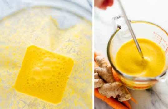 1. Этап. Имбирно-морковная заправка: 2. Отправьте в чашу блендера морковь, имбирь, масло, уксус, мед, сок лайма и измельчите до однородности. После добавьте по вкусу соль и перец.