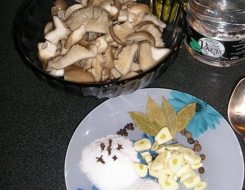 1. Этап. Вешенки, маринованные на закуску: Подготавливаем все необходимые специи, отмеряем соль и сахар, чистим чеснок и нарезаем его на пластинки.