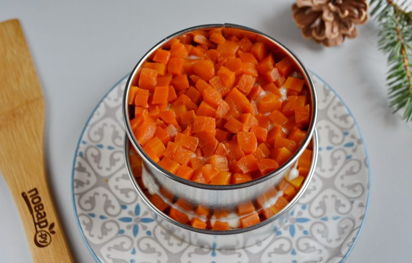 1. Этап. Салат-торт Селедка под шубой: Установите второе кольцо, повторите все слои в том же порядке.