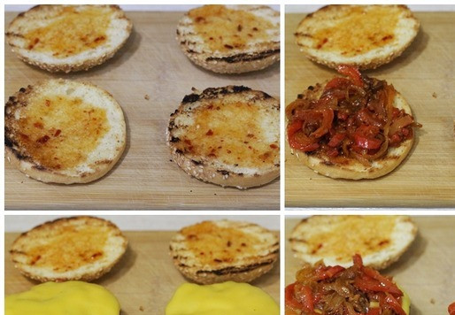 1. Этап. Бургер «Текс–мекс»: Половинки булочек смазать соусом чили. На нижнюю часть выложить половину жареных овощей. Сверху разложить котлеты с сыром. Поверх них выложить оставшуюся часть жареной овощной смеси.