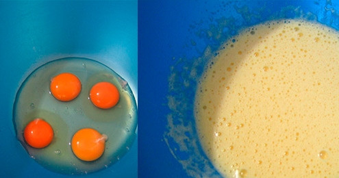 1. Этап. Бисквитные коржи в мультиварке Панасоник: 1. В глубокую посудину вбиваем охлажденные яйца и на высокой скорости миксера взбиваем в густую пену.