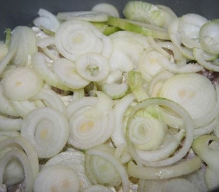 1. Stage. French turkey: Cut the onion into rings and lay on top of the meat.