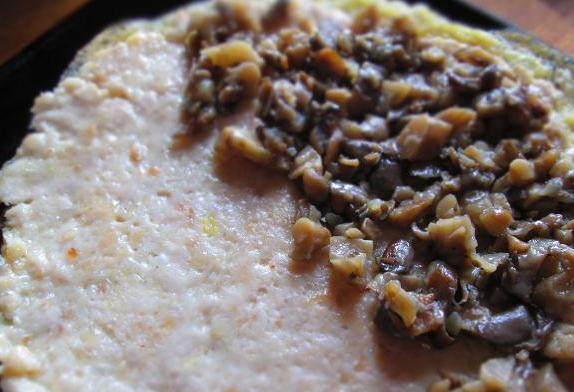 1. Этап. Начинка для бризолей: Затем перекладываем его на тарелочку, обжариваем на другой сковородке грибы со второй половиной лука, солим и перчим начинку, на одну половину блина кладем часть грибов.