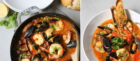 1. Этап. Жаркое с рыбой и морепродуктами в томатном соусе: 4. Перед подачей дополните жаркое с рыбой и морепродуктами в томатном соусе соком лимона и зеленью. Приятного аппетита!