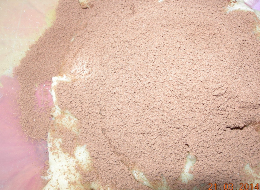 1. Этап. Кекс  Трио: Во вторую добавить какао, в третью орехи. Выложить в форму слоями: орехи, какао, мак. Выпекать до готовности при 180 градусах.