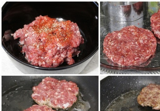 1. Этап. Бургер «Текс–мекс»: В миске смешать фарш с оставшейся паприкой, приправить его солью, черным и красным жгучим перцем. Сформовать 6 котлет по размеру чуть больше булочек. Обжарить котлеты в разогретой сковороде на растительном масле с обеих сторон до готовности.