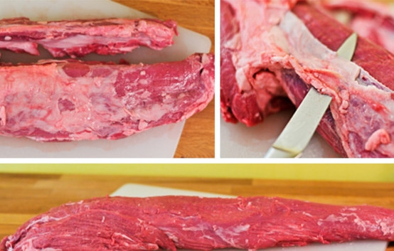 1. Этап. Ростбиф на гриле: Прежде всего вымойте мясо и хорошо обсушите. Острым ножом срежьте мышечные ткани, если они есть на кусочке, и жировые прожилки.