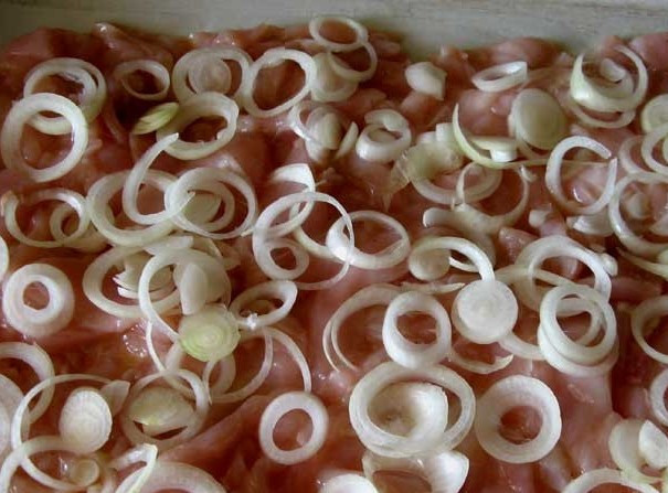 1. Этап. Мясо по-французски из индейки: На противень для запекания, предварительно смазанный растительным маслом, выложите слой мяса. Затем лук и помидоры.
