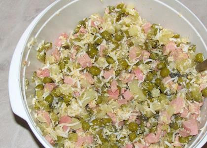 1. Этап. Салат с колбасой и яйцами: Перемешиваем.