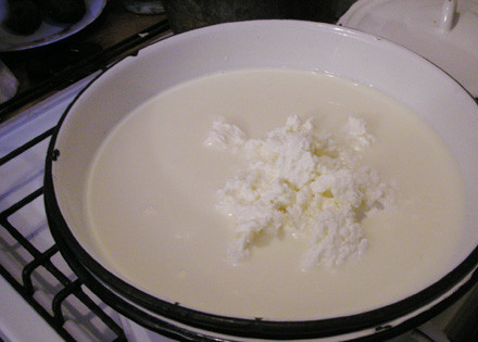 1. Этап. Сыр с дырками в домашних условиях: Добавляем в него домашний творог.