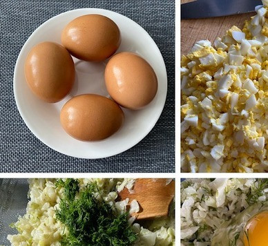 1. Этап. Пирог с капустой на дрожжевом тесте: Сварить вкрутую 4 яйца, почистить и нарезать кубиком. В готовую капусту я добавляю нарезанный укроп и одно сырое яйцо.