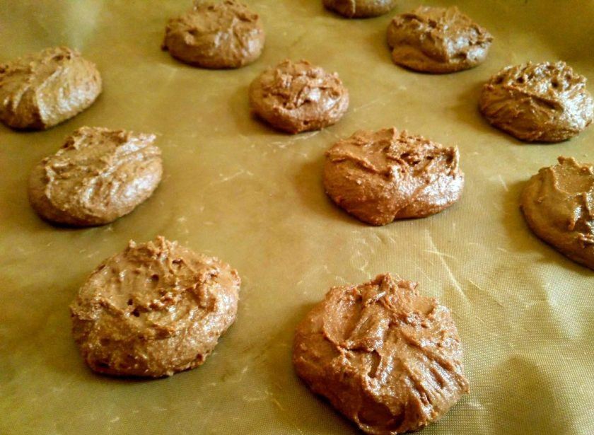 1. Этап. Печенье-безе с овсяным толокном: Готовое тесто выложите ложкой на противень. Противень необходимо предварительно застелить пергаментом или специальным ковриком.