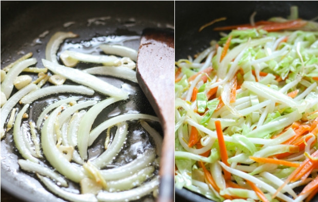 1. Этап. Лапша Удон с морепродуктами: В сковороде разогрейте масло, отправьте к нему мелко порезанный имбирь, чеснок, лук. Жарьте, пока лук не станет мягким и прозрачным. Затем отправьте в сковородку порезанную морковь и капусту. Жарьте 1-2 минуты.