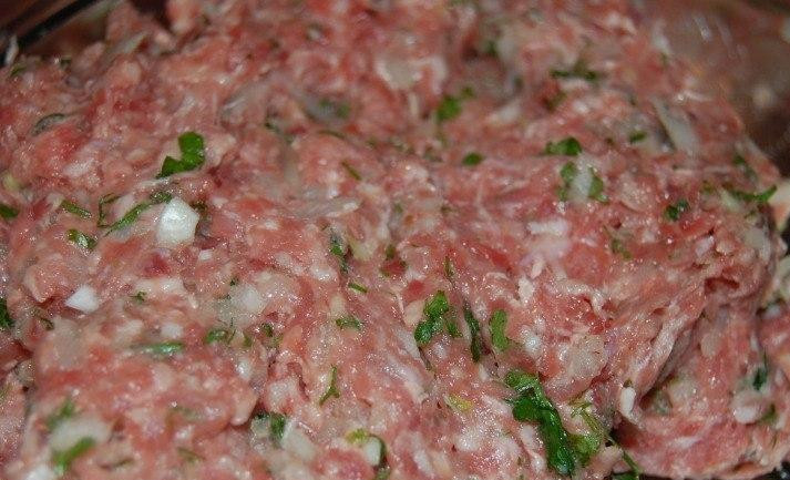 1. Этап. Пирог Ленивец: Для начала берем фарш. В него добавляем мелко нарубленный репчатый лук, зелень, зеленый лук, перчим и солим по вкусу.