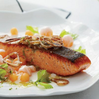 Salmon with Cantaloupe and Fried Shallots