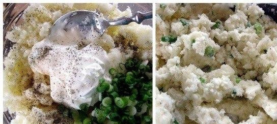 1. Этап. Дважды запеченный картофель: Добавляем в пюре сметану и зеленый лук, солим и перчим, хорошенько перемешиваем. Заполняем наши картофельные лодочки получившимся пюре, а сверху кладем на них ломтики бекона и жареный сыр. Выпекаем все это в духовке еще 15 минут при температуре 175 градусов.