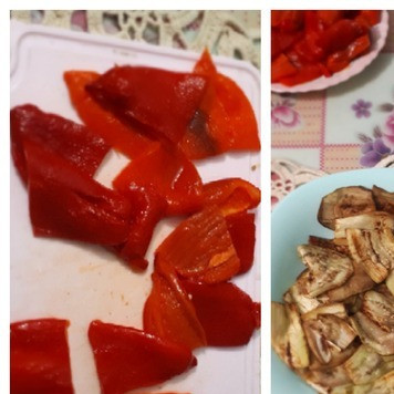 1. Этап. Закуска из перца и баклажанов: Запеченные перцы разрезать на четыре части.