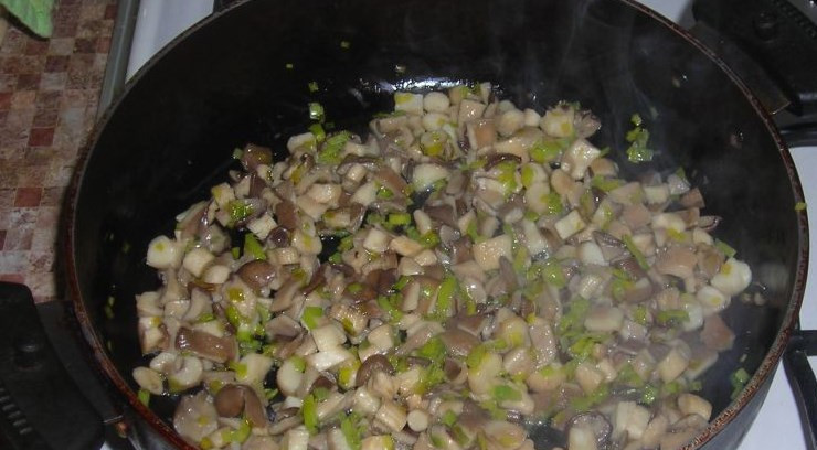 1. Этап. Куриная грудка с цветной капустой в духовке: Режем грибы и обжариваем, добавляем лук и специи.