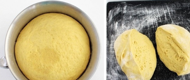 1. Этап. Булочки с творогом и изюмом: 10. Когда тесто подошло, разделите его на две равные части.