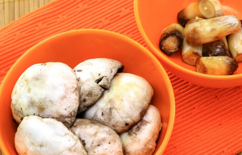 1. Этап. Салат Русская красавица с грибами: Помойте и хорошо почистите грибы. Отделите ножки от шляпок.